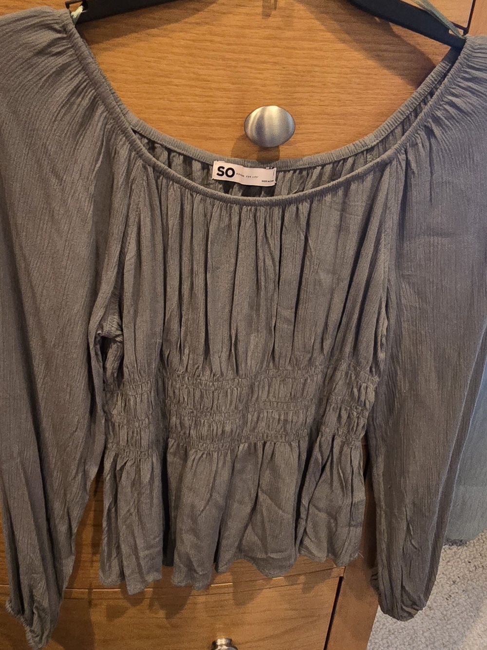 SO Olive NWT Long-Sleeve Peasant, Smocked Waist Blouse, Women's S